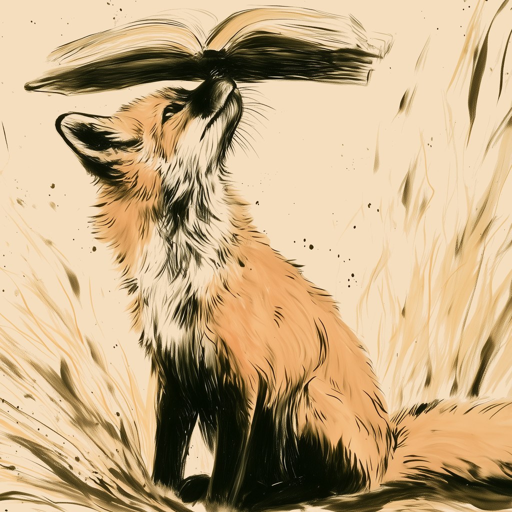Fox Curriculum painted fox, sitting in long grass with an open book balanced on its nose
