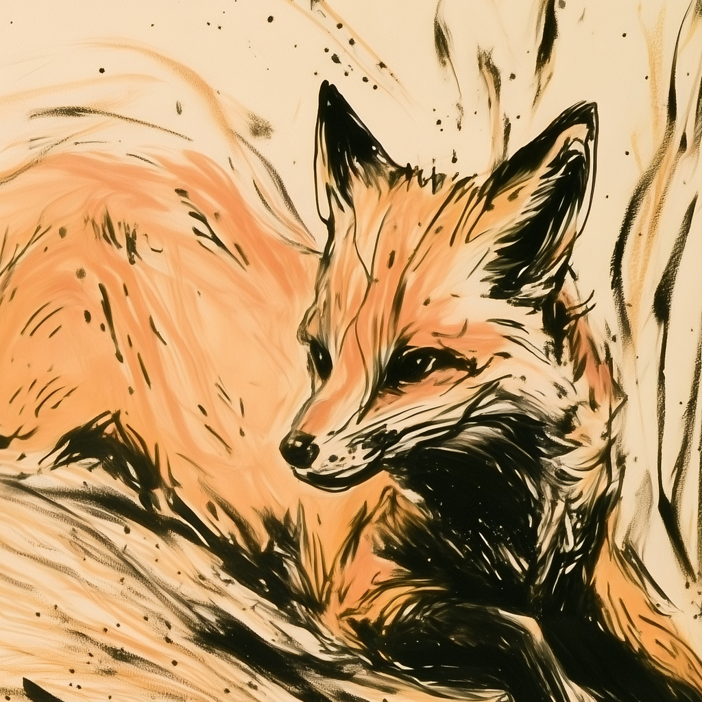The FoxStead painted fox, running through long grass, the Fox Curriculum mark
